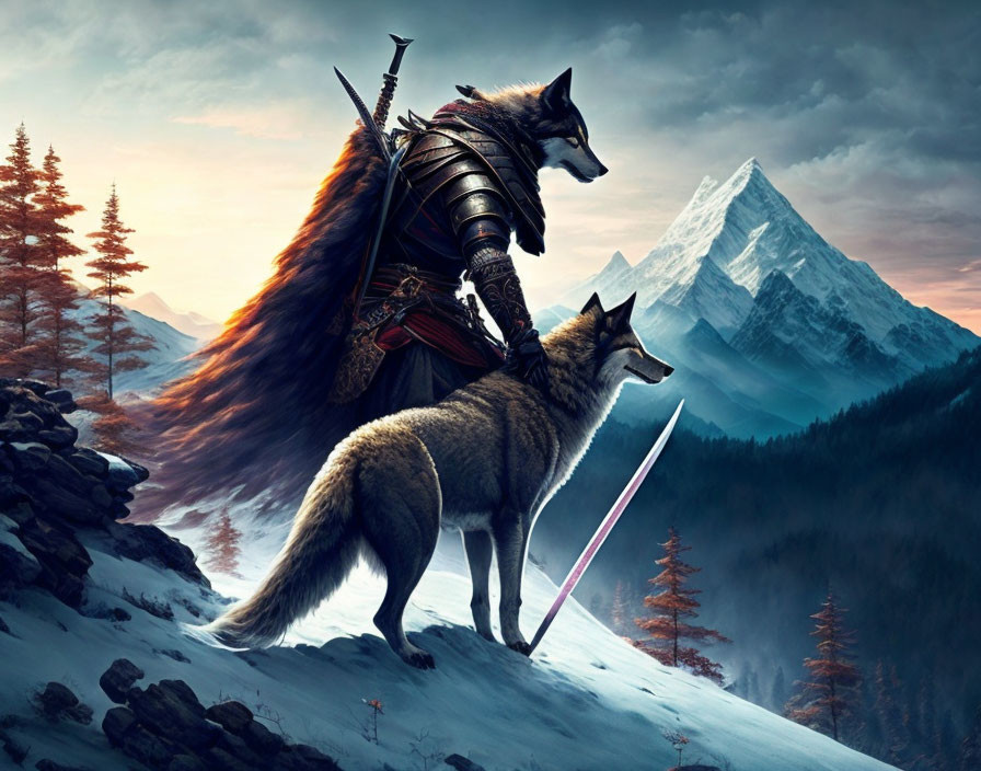 Armored warrior with wolf head and companion wolf in snowy mountain twilight.