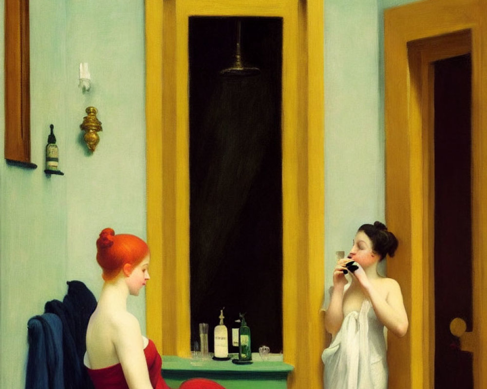 Two women in a room with pastel-colored walls; one in a red dress, the other in