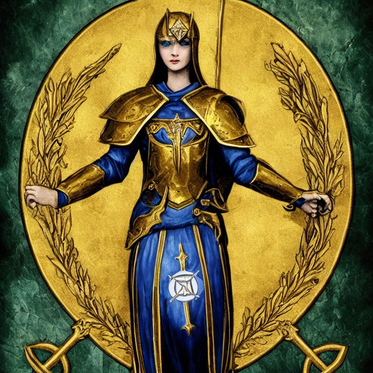 Stylized warrior illustration in blue and gold armor with shield and sword