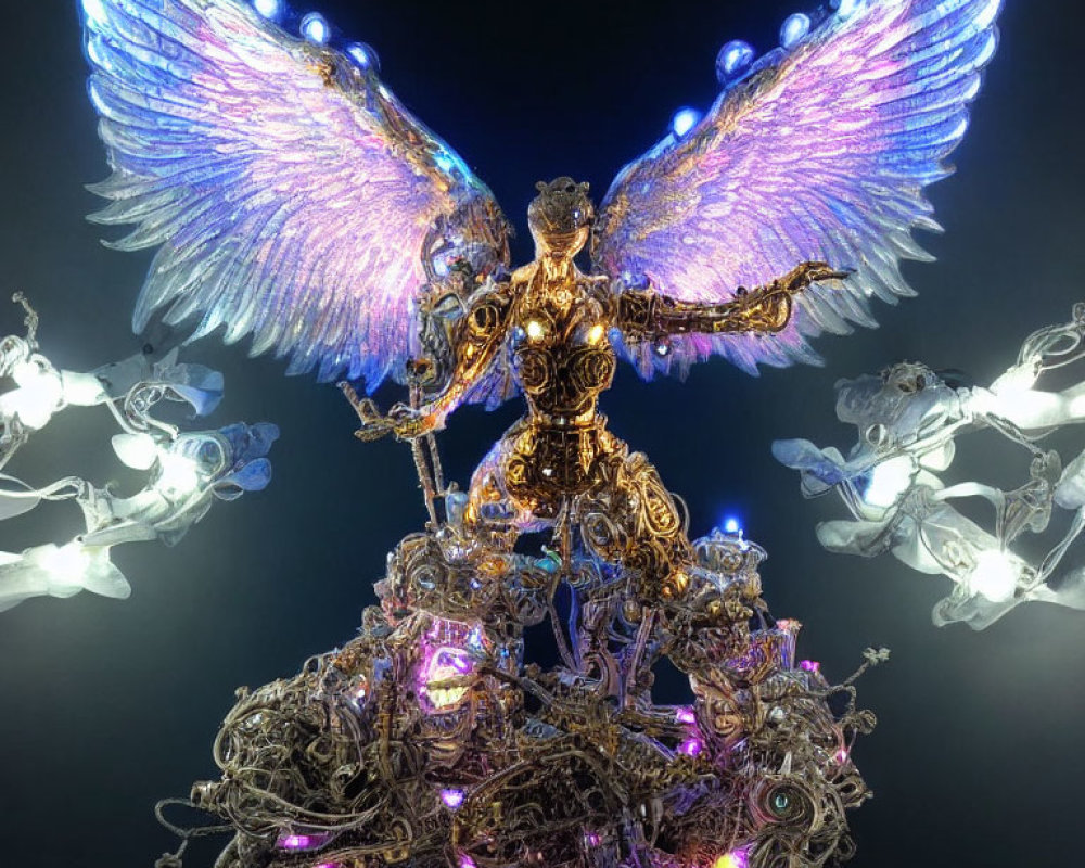 Armored angel sculpture with blue wings on metallic base and ethereal figures