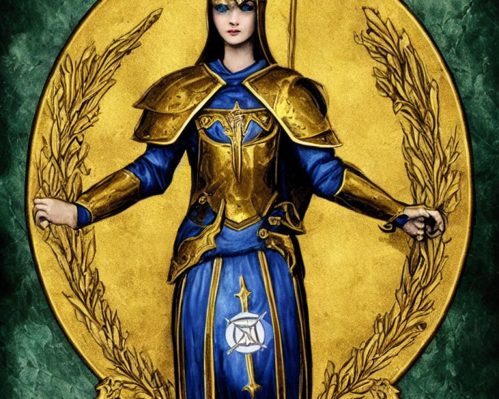 Stylized warrior illustration in blue and gold armor with shield and sword