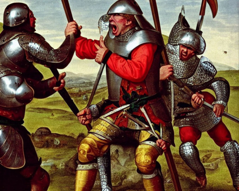 Medieval knights in battle with one wounded by an arrow.