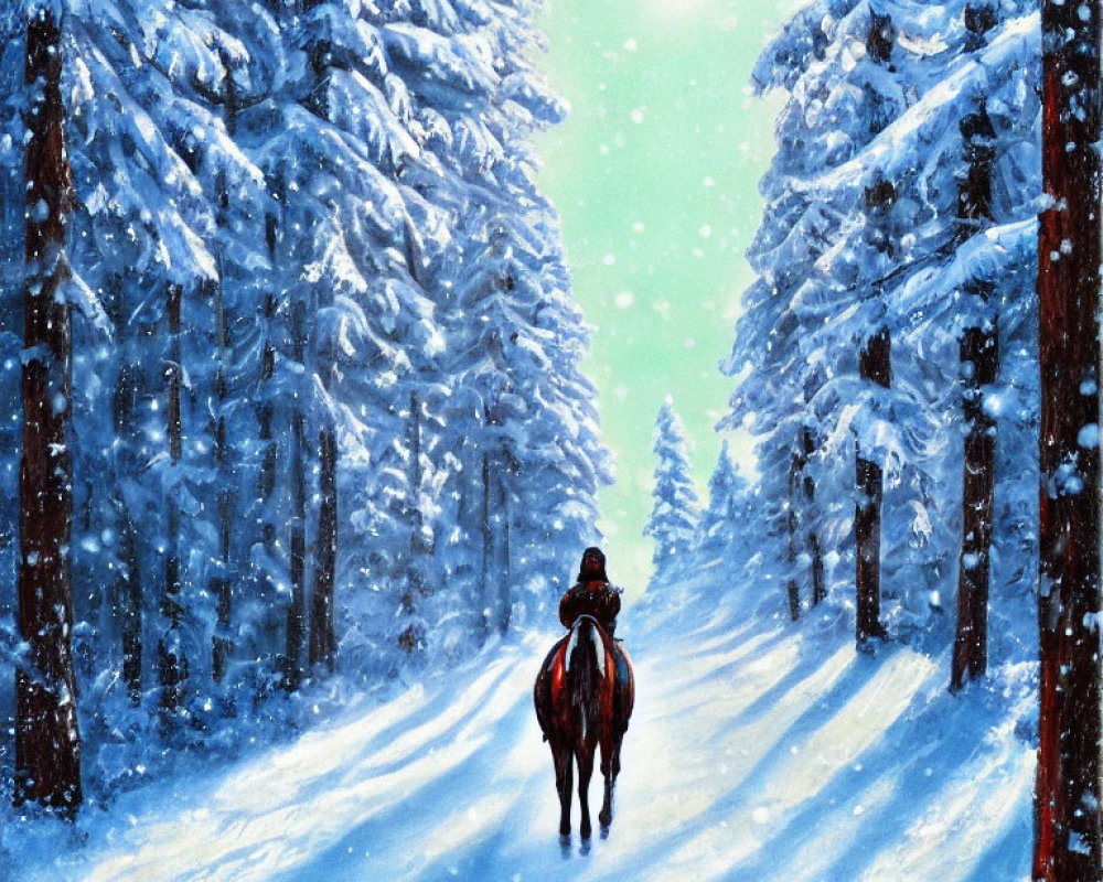 Person on horseback riding through snowy path lined with pine trees.