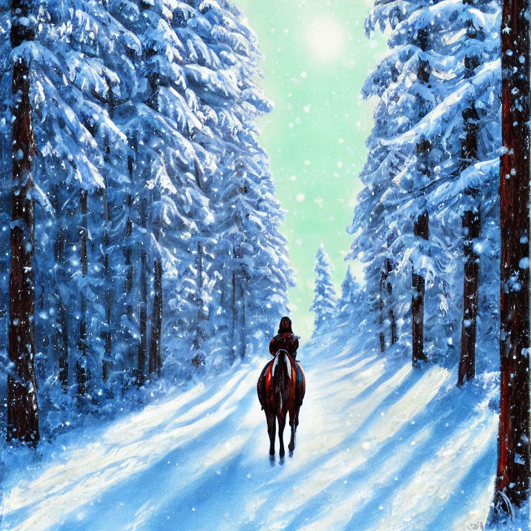Person on horseback riding through snowy path lined with pine trees.