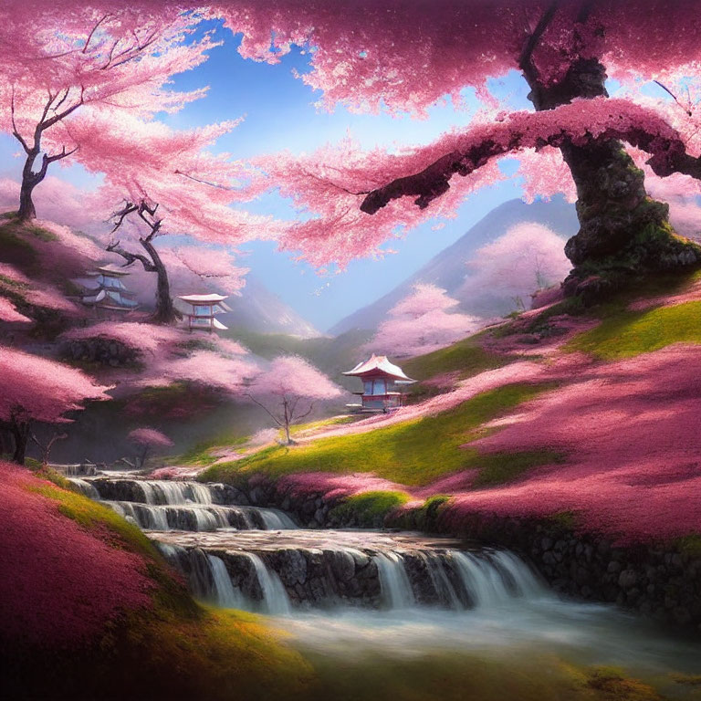 Tranquil Japanese landscape with cherry blossoms, waterfall, and mountains