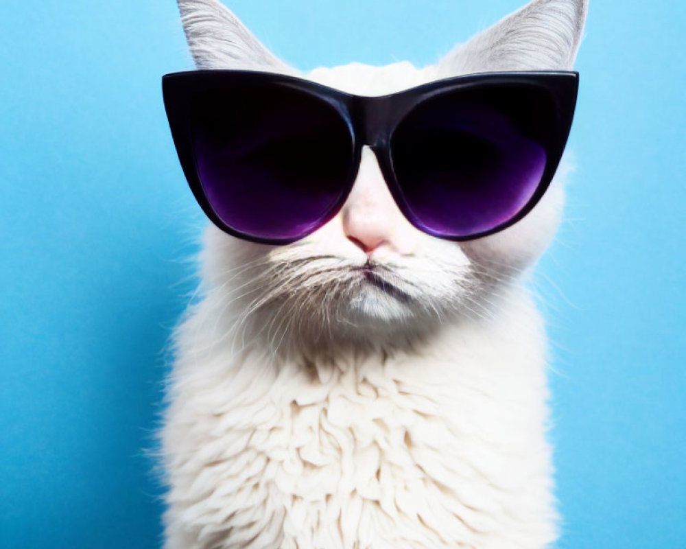 Fluffy white cat with oversized sunglasses on blue background
