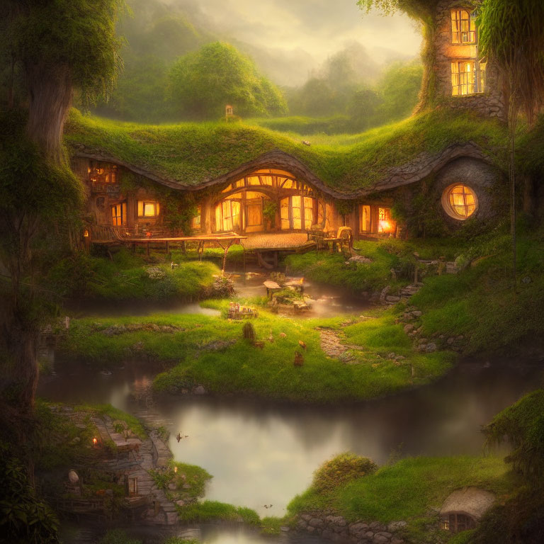 Twilight scene of whimsical cottage in lush landscape