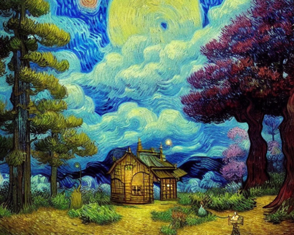 Nighttime landscape with crescent moon, swirling sky, glowing house, and colorful trees