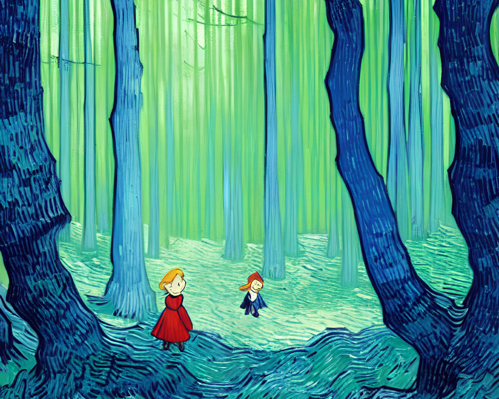 Vibrant whimsical forest with stylized characters