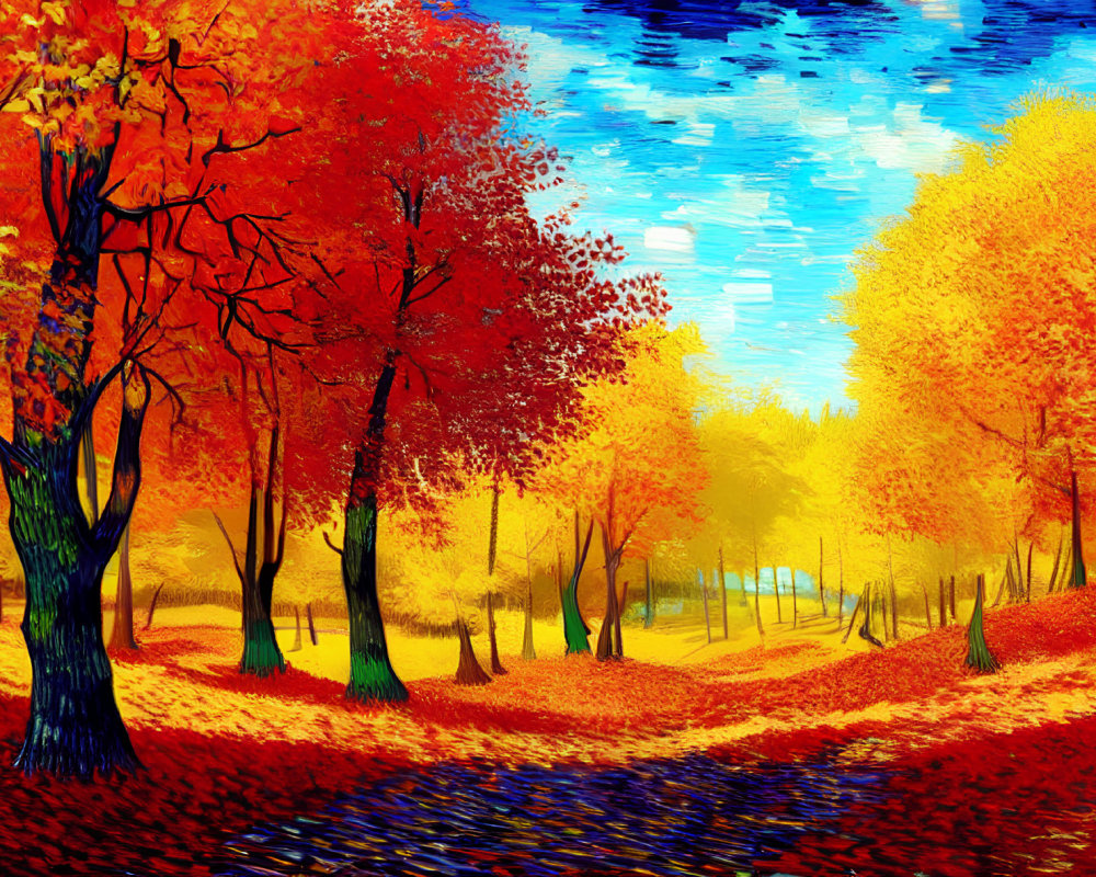 Colorful Autumn Landscape: Trees in Red, Orange, and Yellow by Tranquil Blue River