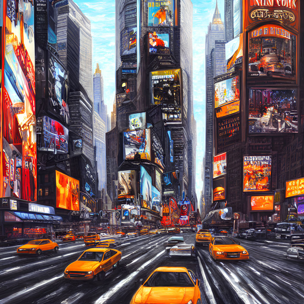 Colorful Times Square illustration with yellow cabs and billboards