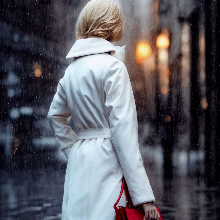 Person in White Coat Carrying Red Bag in Rainy City Scene