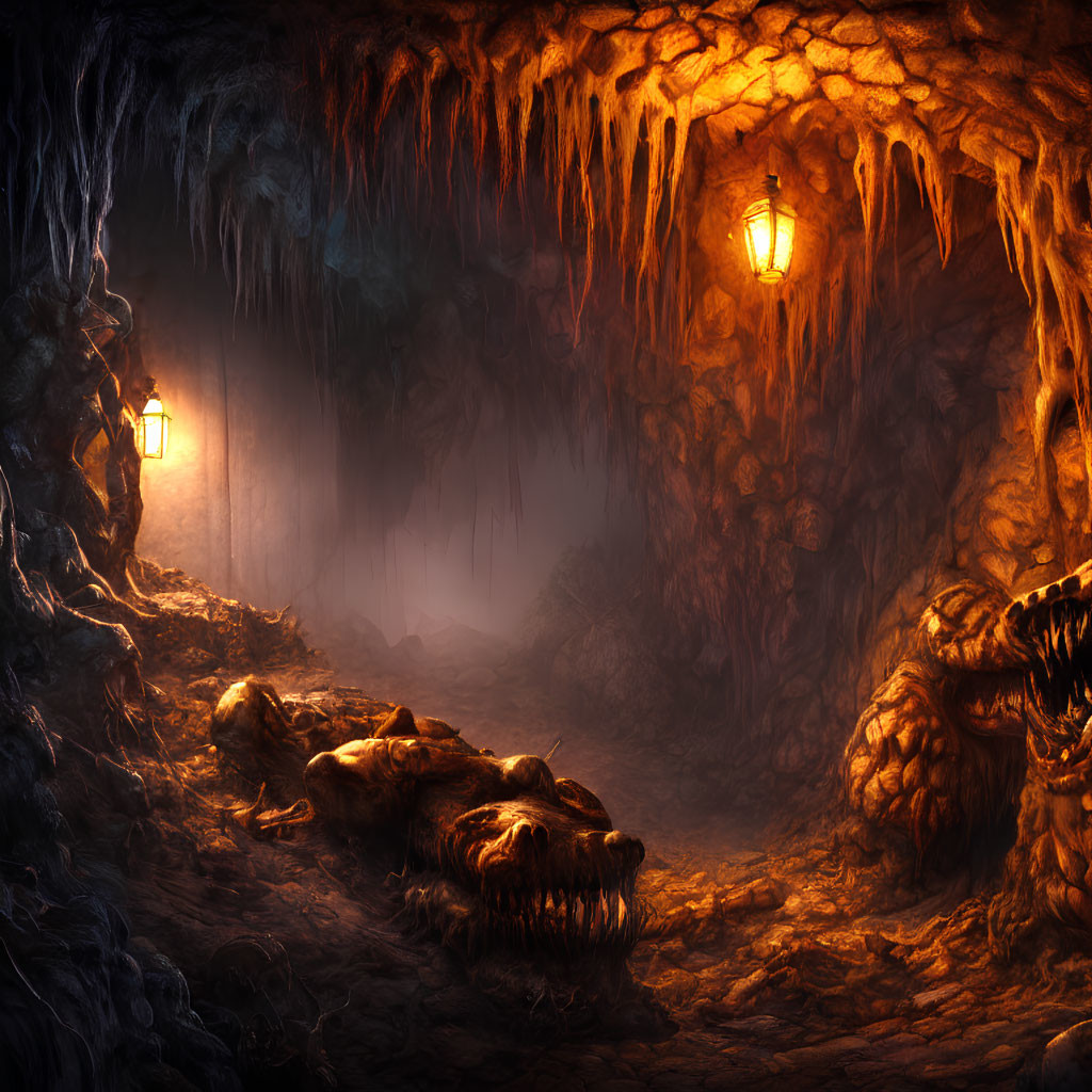 Dimly lit cave with lanterns, stalactites, and skeletal remains