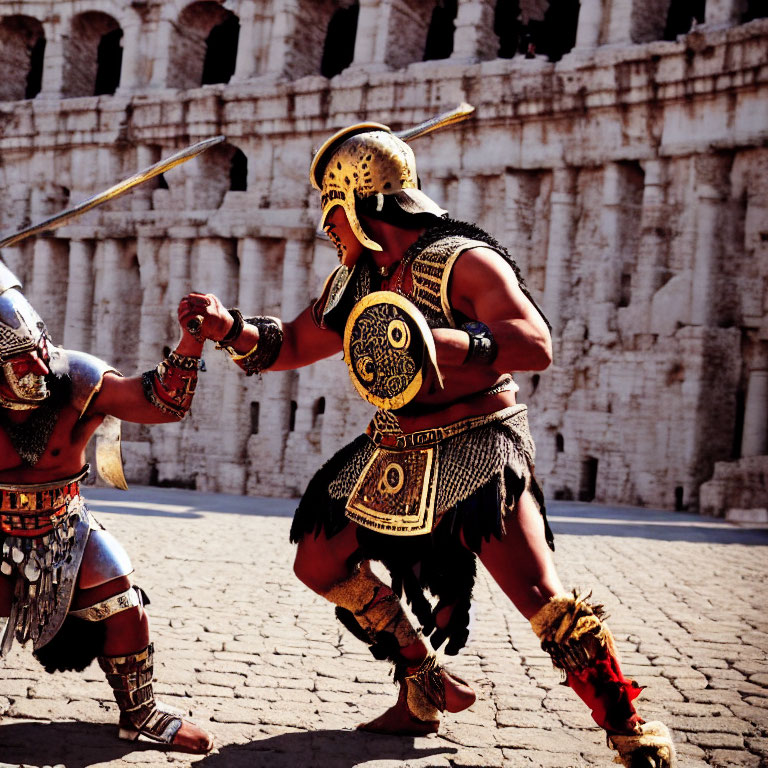 Ancient warrior costumes in mock battle near Colosseum-like structure