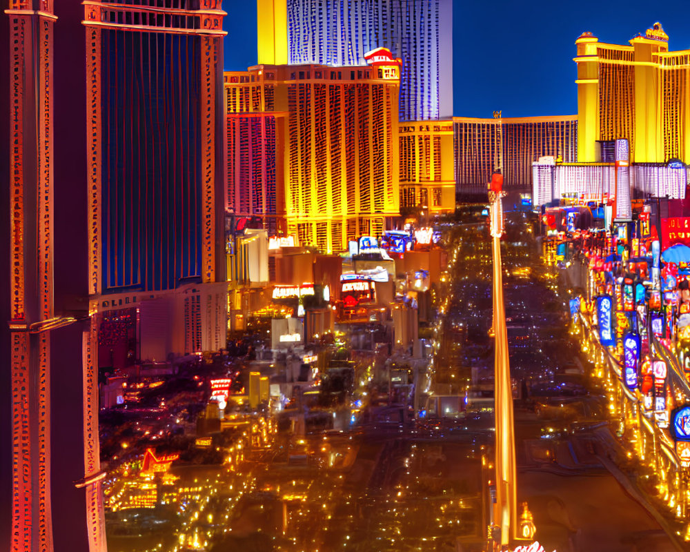 Vibrant Las Vegas Strip at Night: Illuminated Casinos, Neon Signs, Busy Street