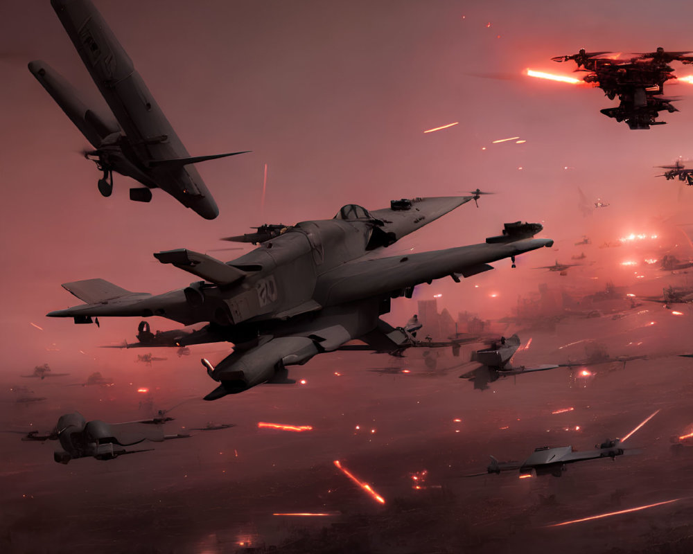 Futuristic air combat with aircraft and drones in red-tinted sky