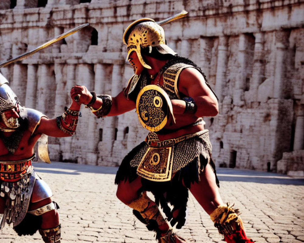 Ancient warrior costumes in mock battle near Colosseum-like structure