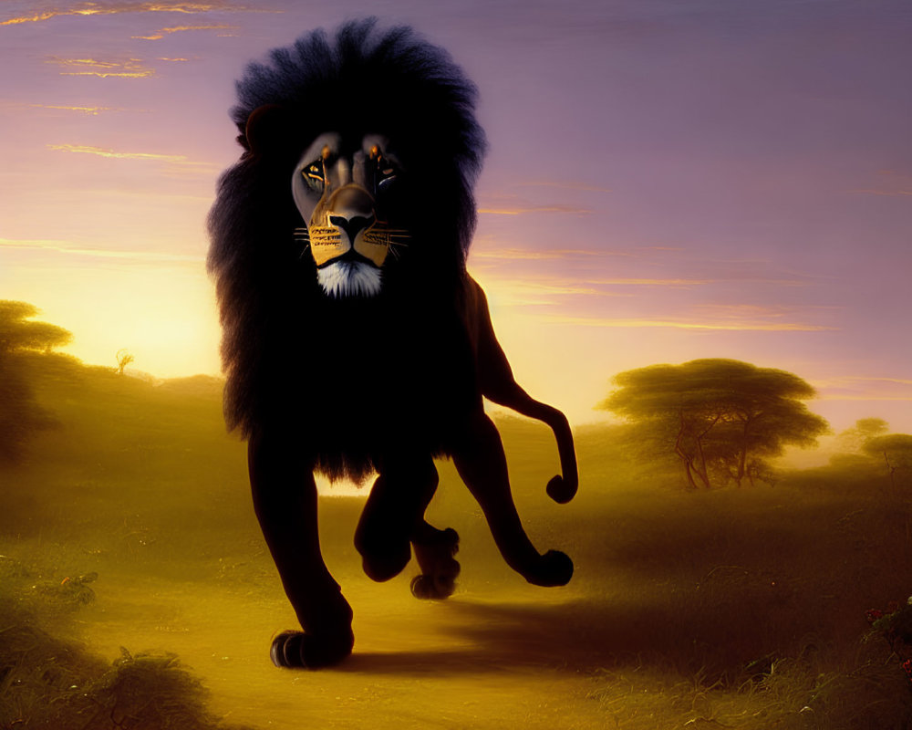 Majestic lion walking on sunlit African savanna at sunrise