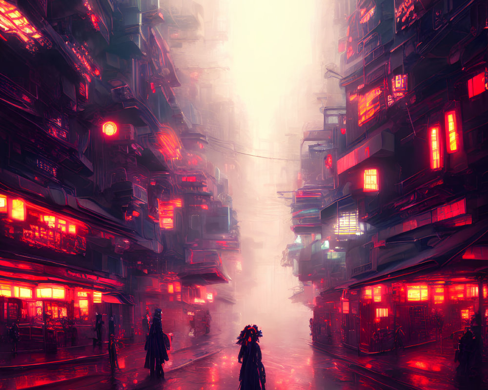 Futuristic cyberpunk cityscape with neon signs and towering buildings