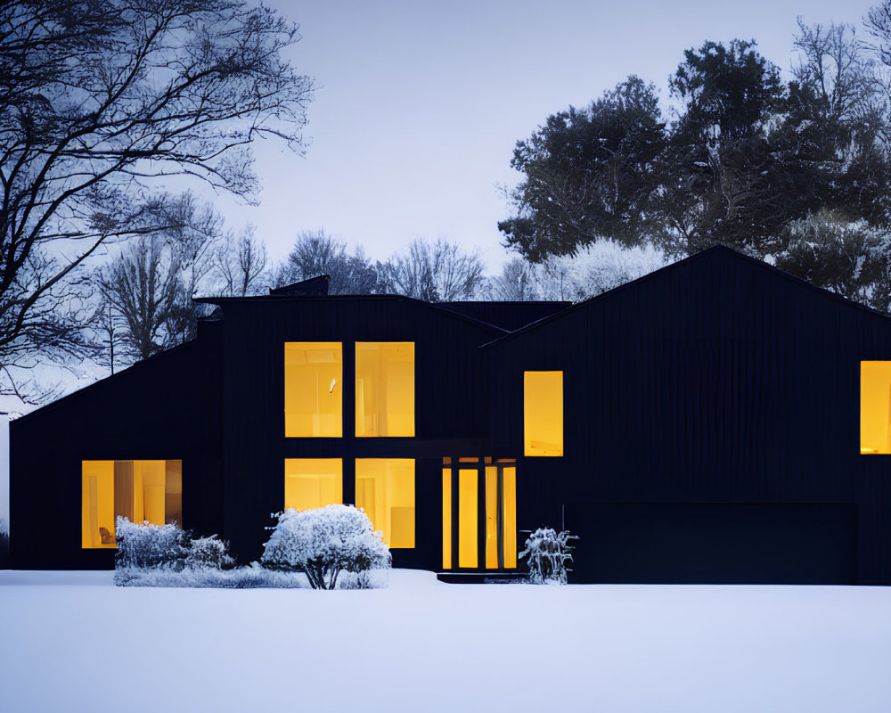 Modern Black House Illuminated Windows Snowy Landscape
