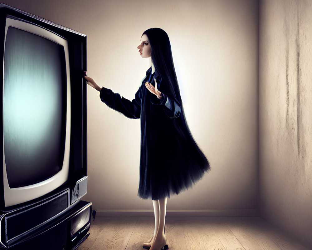 Surreal image: Woman with long black hair stepping out of vintage TV into dim room
