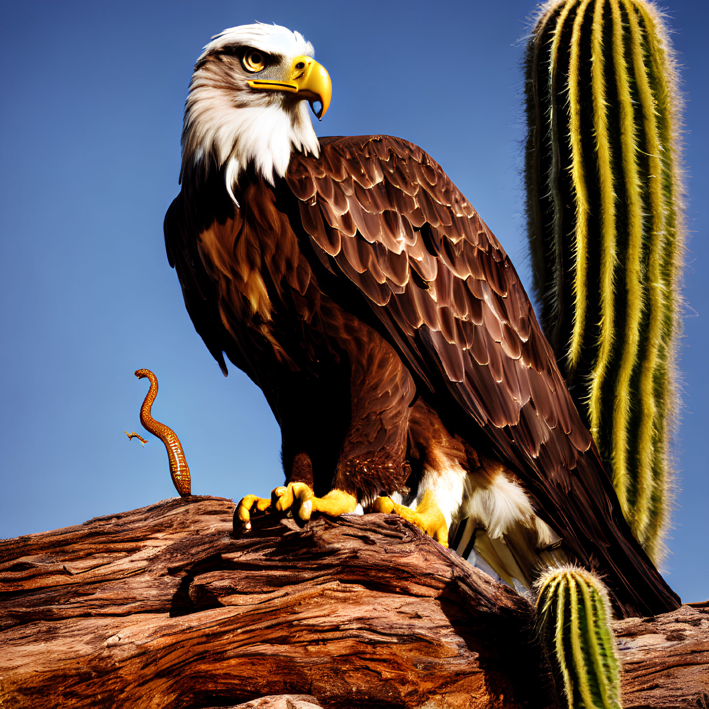 Bald eagle with snake on branch against blue sky and cactus