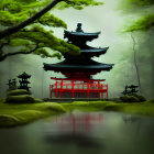 Pagoda-style structure with dark roof in misty setting by tranquil pool.