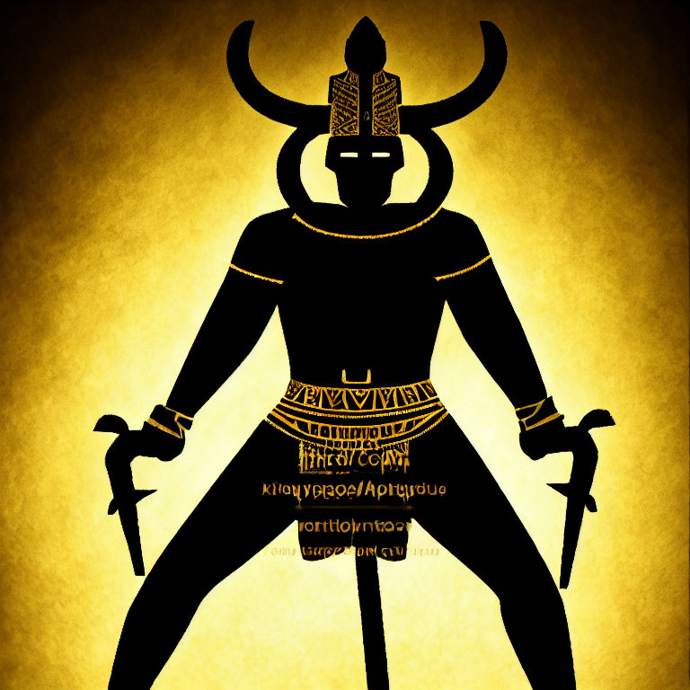 Mysterious silhouette with horns and swords on golden textured background
