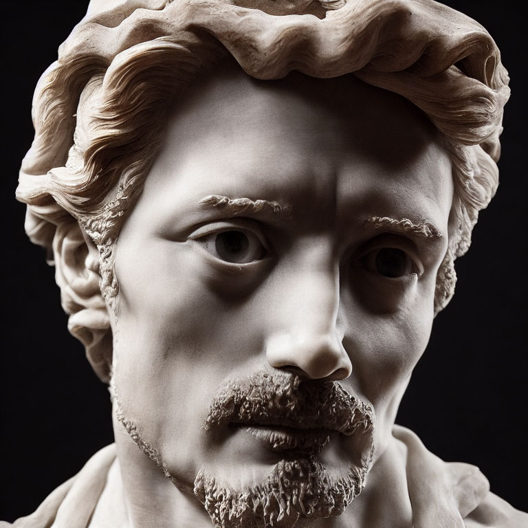 Detailed Classical Style Bust Sculpture of Man with Textured Hair and Beard on Black Background
