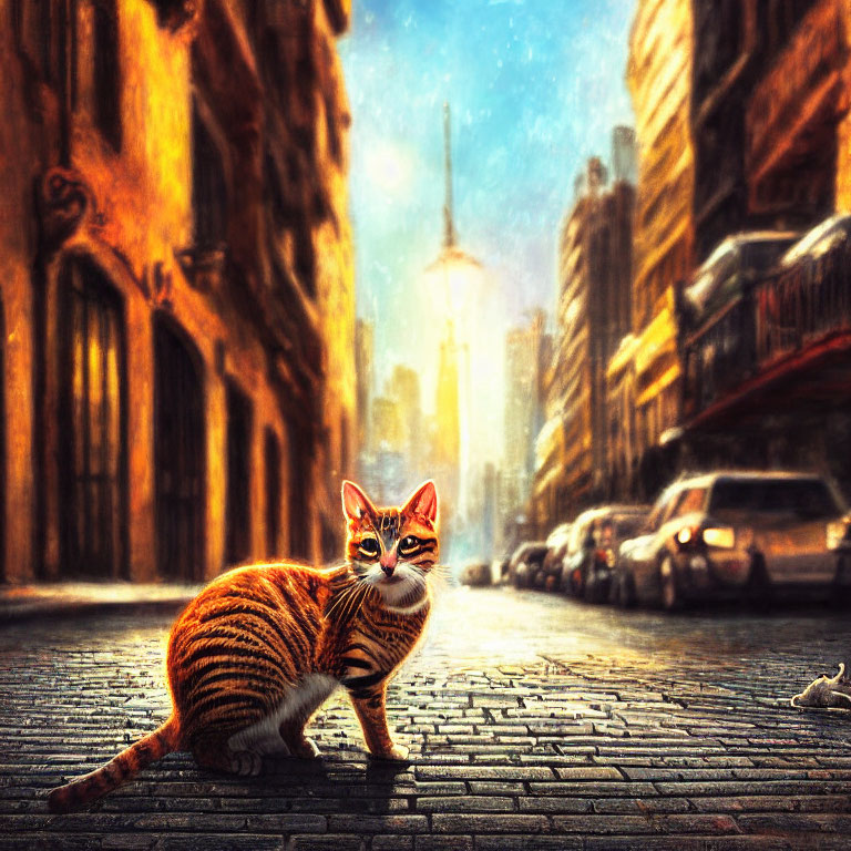 Striped orange cat on sunlit city street with parked cars and buildings.