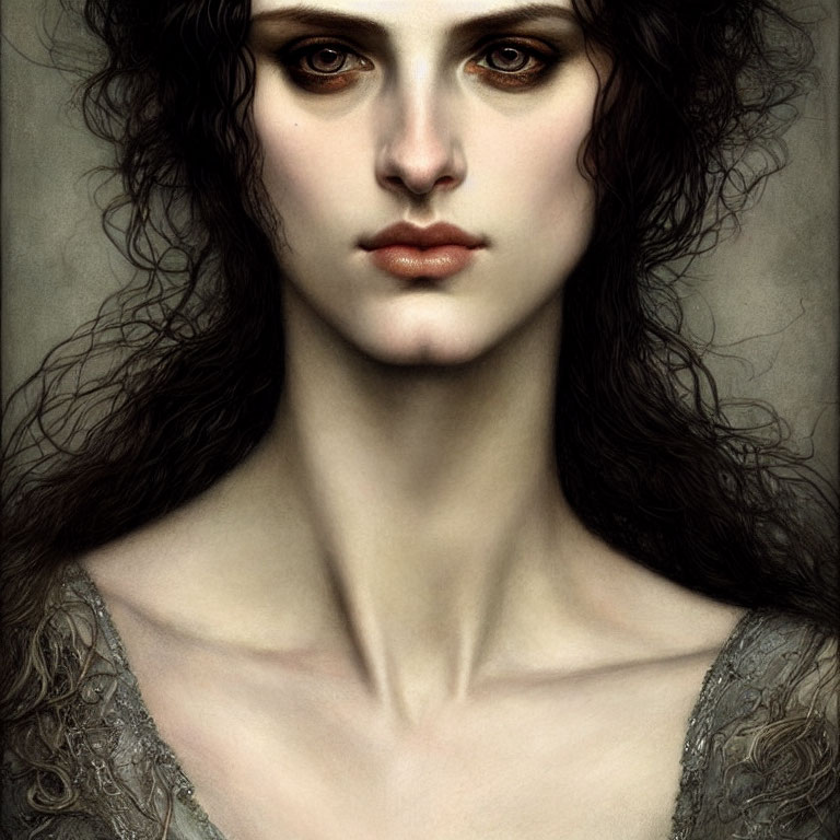 Detailed Portrait of Woman with Pale Skin and Dark Curly Hair