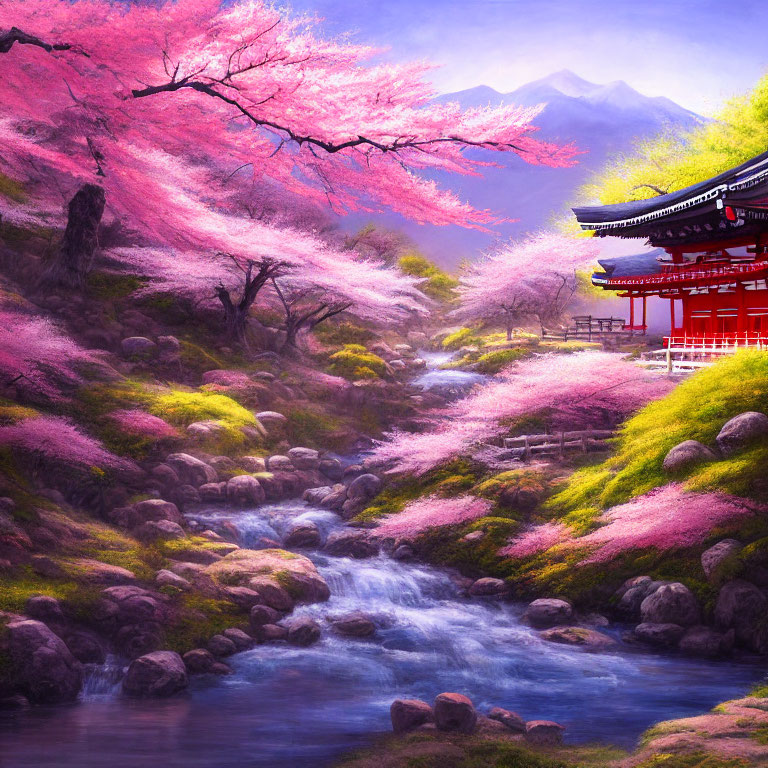 Scenic landscape with cherry blossoms, stream, and mountains