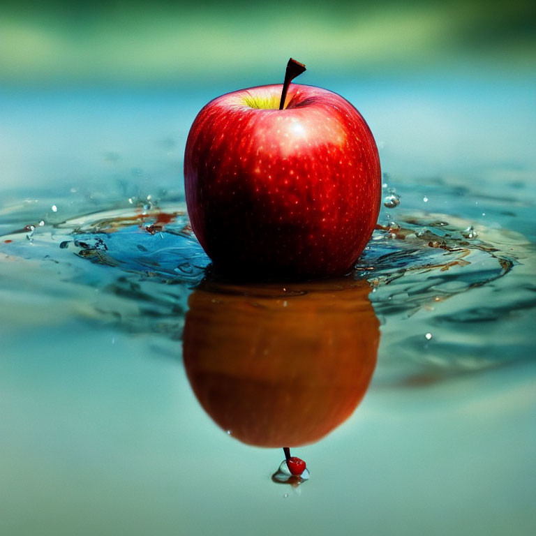 Fresh red apple with water droplets and reflection on surface