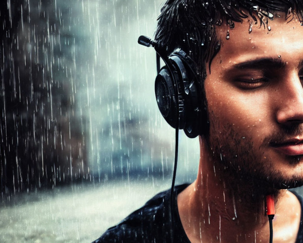 Young person in headphones standing in rain with water droplets on face