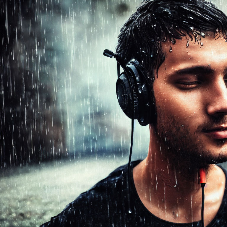 Young person in headphones standing in rain with water droplets on face