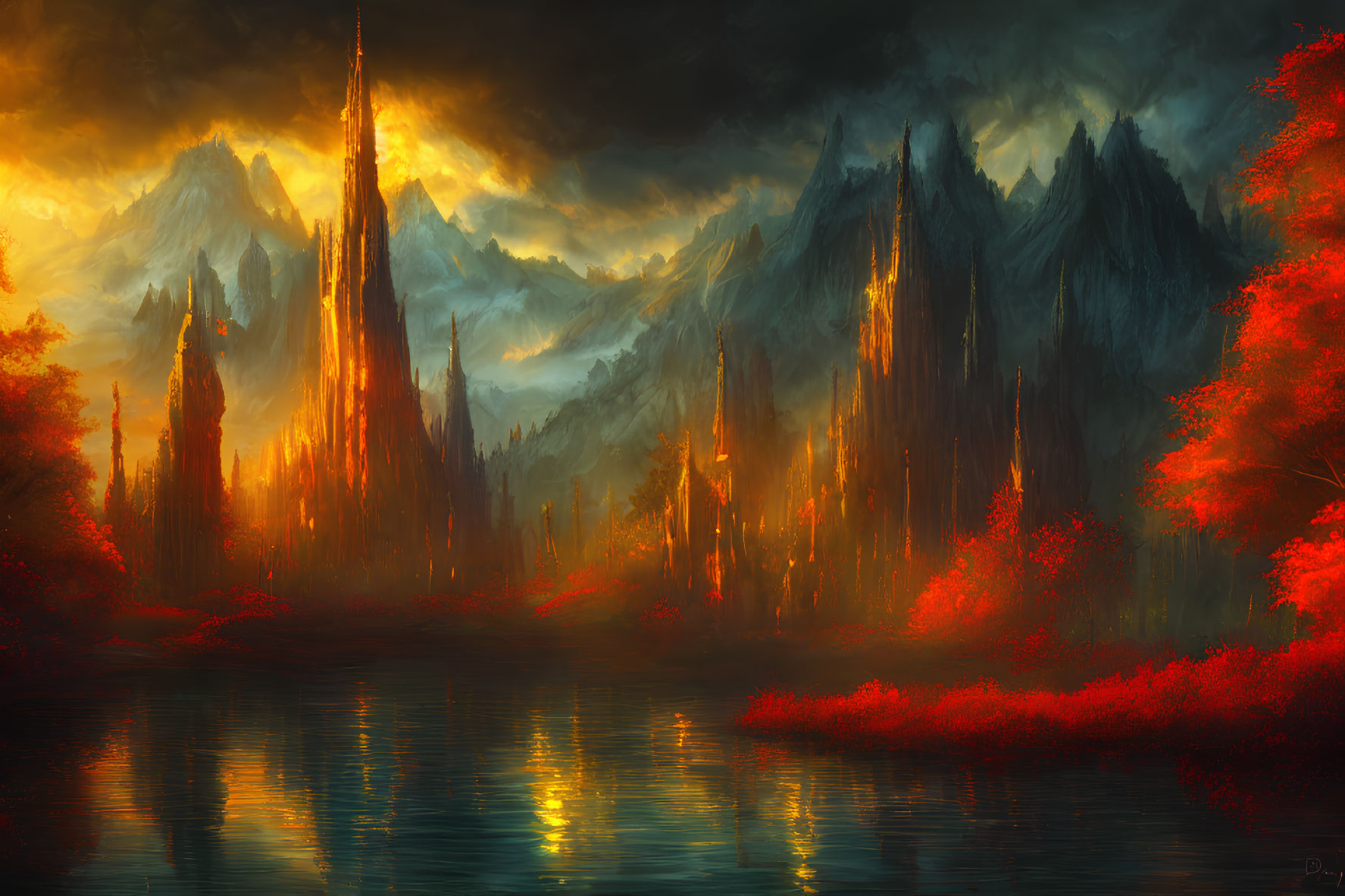 Fantastical landscape with fiery-red foliage and towering spires