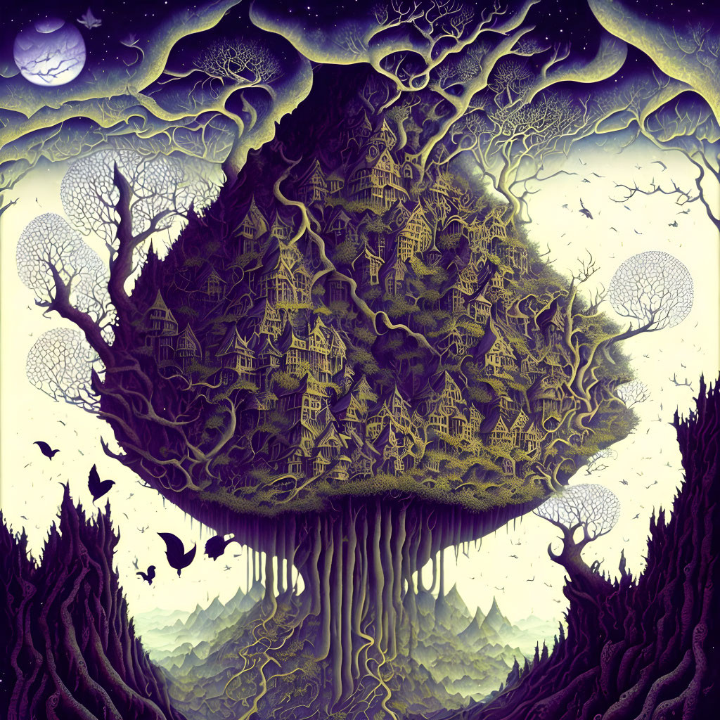 Illustration of giant tree with integrated village under night sky