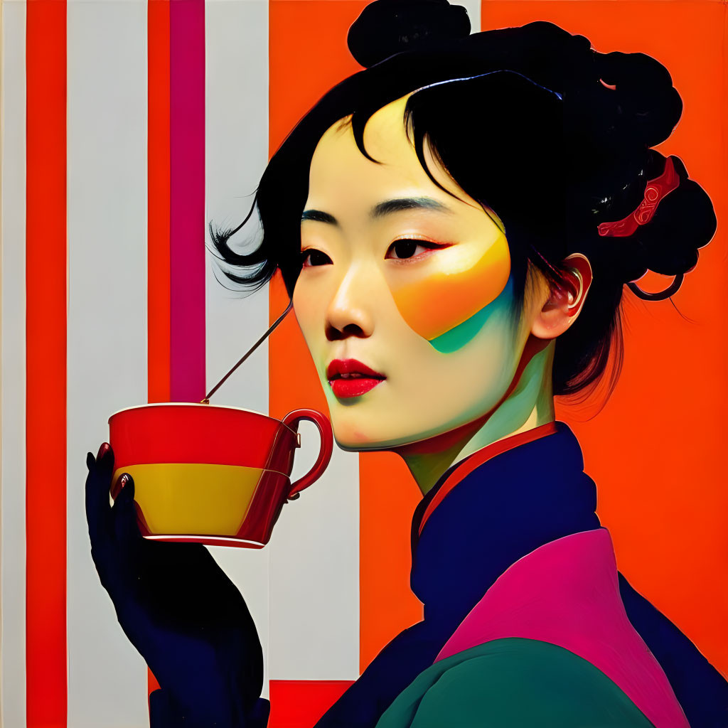 Colorful makeup palette woman sips from vibrant cup with bold stripes background