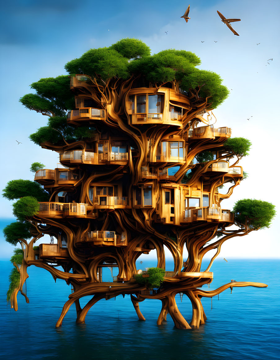 Surreal illustration: large tree with wooden houses over blue lake