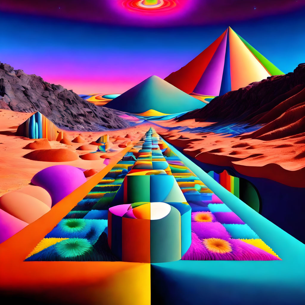 Colorful geometric shapes lead to pyramids in surreal landscape
