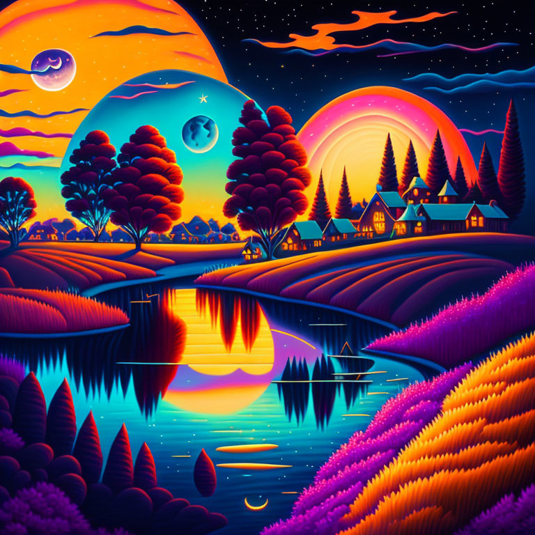 Colorful surreal landscape with sunset, river, hills, houses, trees, and two moons