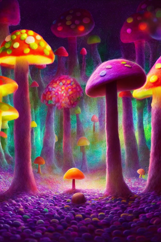 Colorful Fantasy Forest with Oversized Luminescent Mushrooms