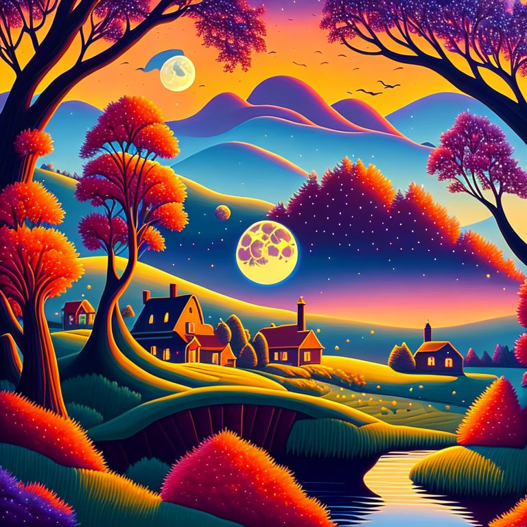 Colorful surreal landscape with two moons, rolling hills, and quaint houses
