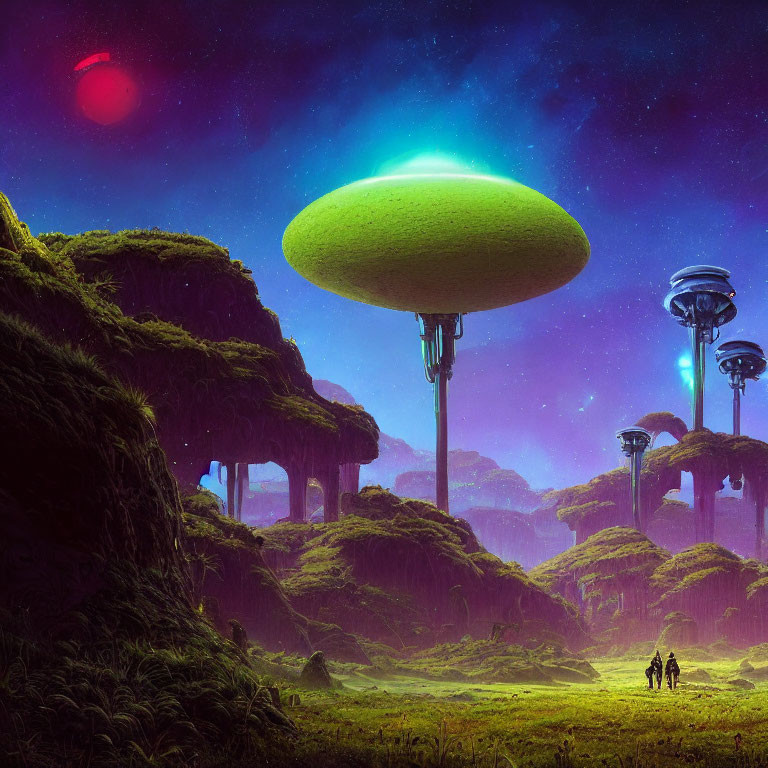 Fantastical landscape with towering mushroom structures and red moon