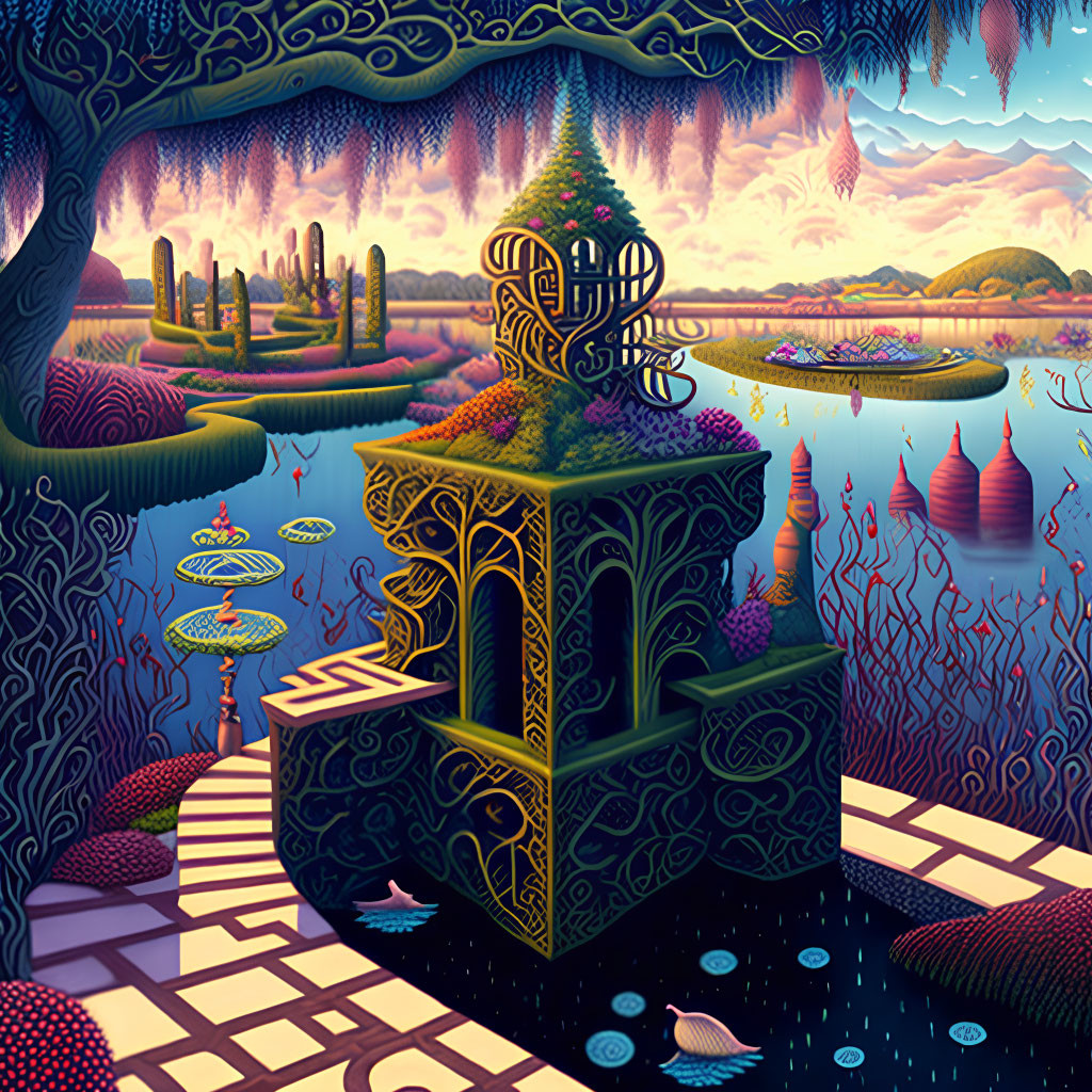 Fantastical landscape with ornate treehouse, spiral structures, checkerboard pathways, and vibrant vegetation