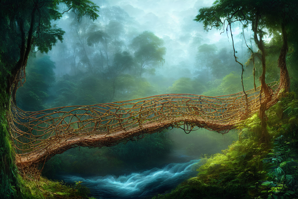 Lush Rainforest Scene with Woven Tree Root Bridge