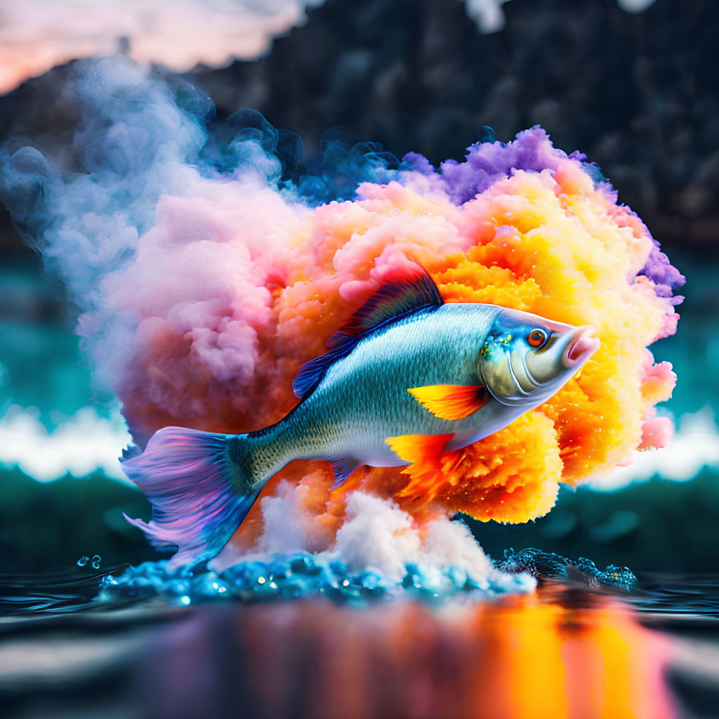Colorful Fish Surrounded by Cloud-Like Explosive Colors