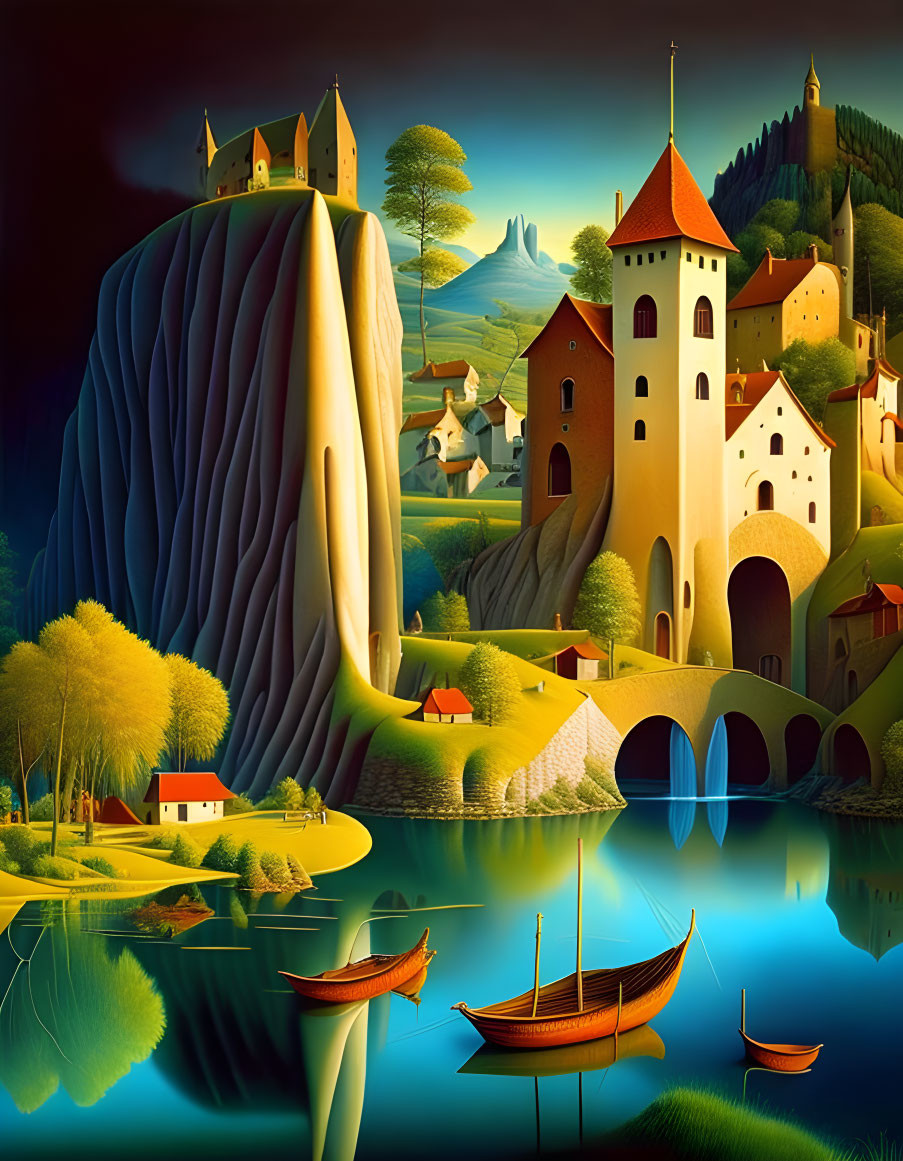 Surreal Landscape: Castles, Cliffs, Medieval Village, Lake, Wooden Boats