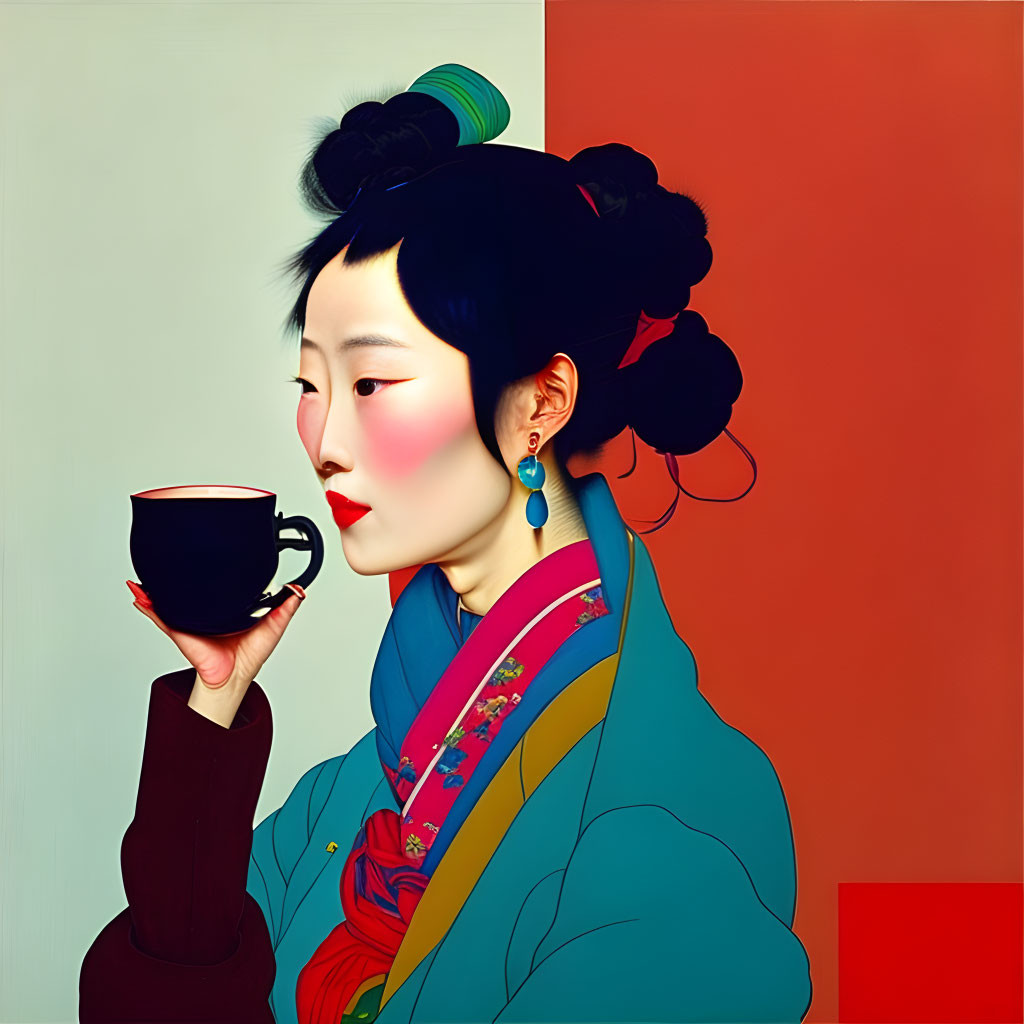 Traditional Asian woman sipping tea in stylized illustration