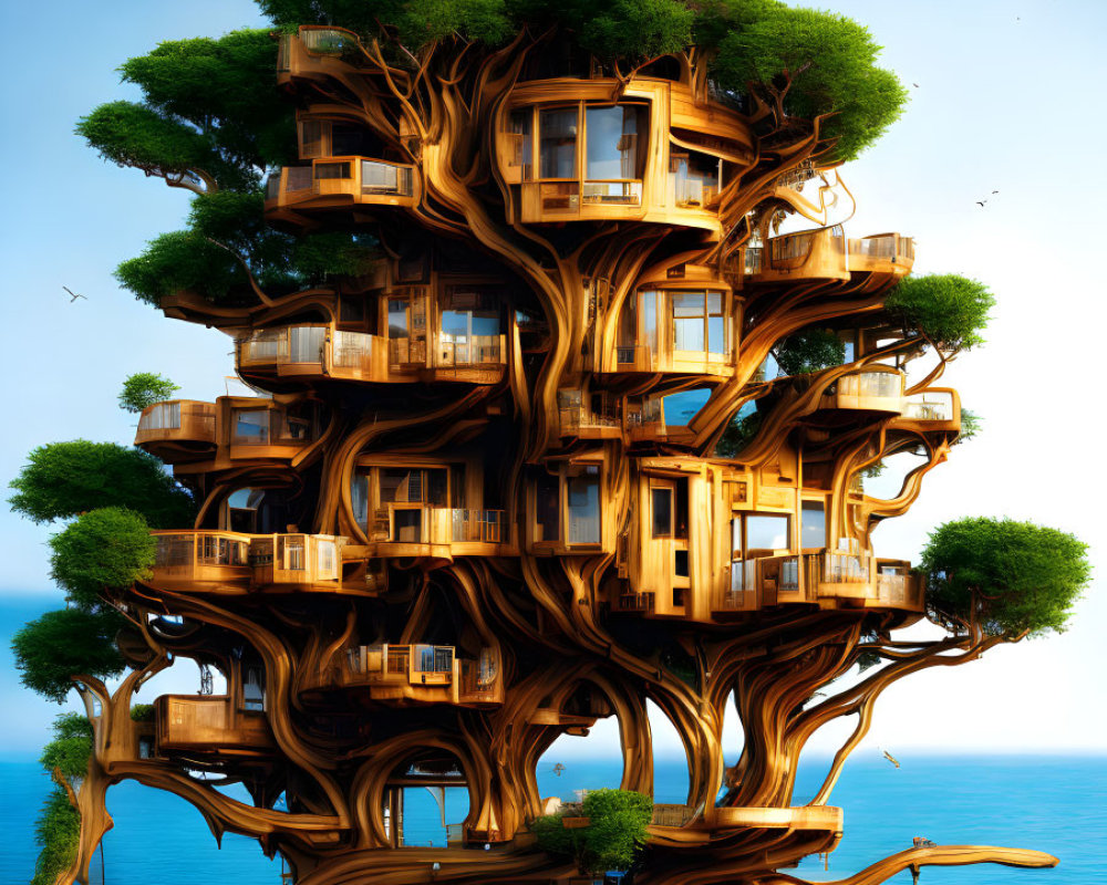 Surreal illustration: large tree with wooden houses over blue lake